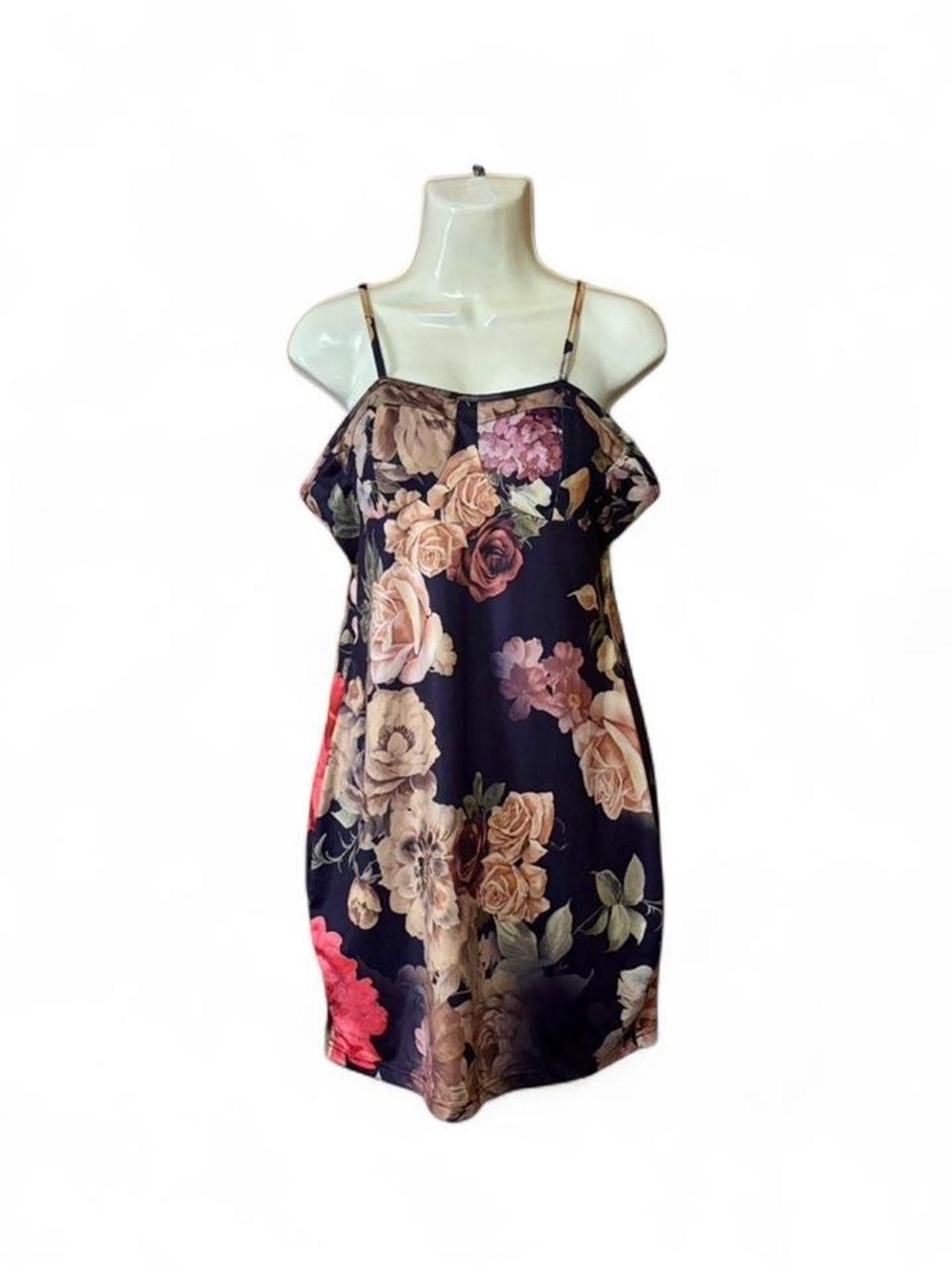 SHEIN Floral Mini Slip Dress L Rose Print Black Bodycon Evening